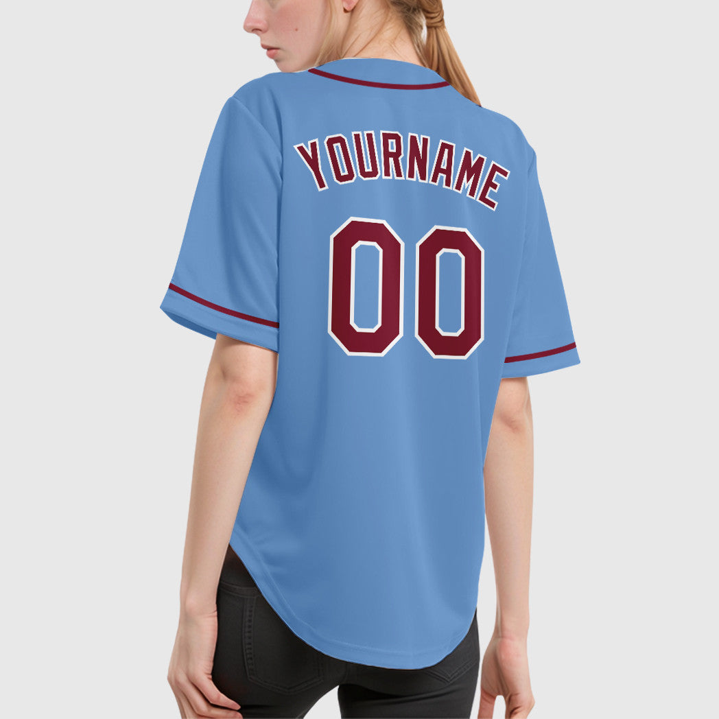 Custom Light Blue White Crimson Sleeve Baseball Jersey