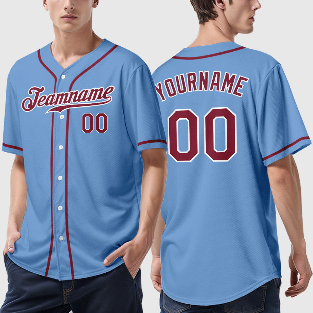 Custom Light Blue White Crimson Sleeve Baseball Jersey