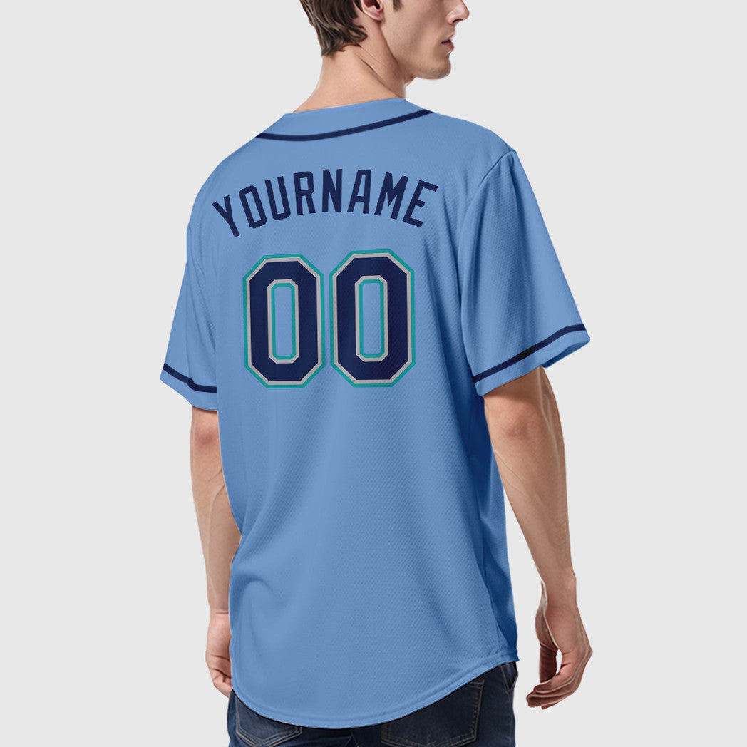 Custom Light Blue Navy Navy-Teal Sleeve Baseball Jersey