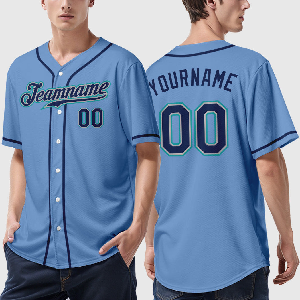Custom Light Blue Navy Navy-Teal Sleeve Baseball Jersey