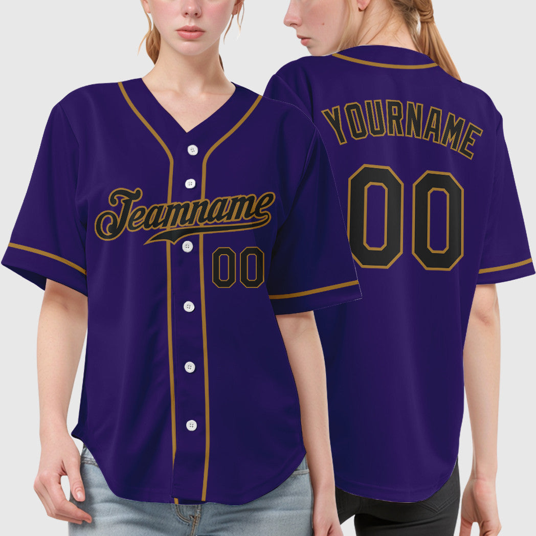 Custom Purple Black Black-Old Gold Sleeve Baseball Jersey