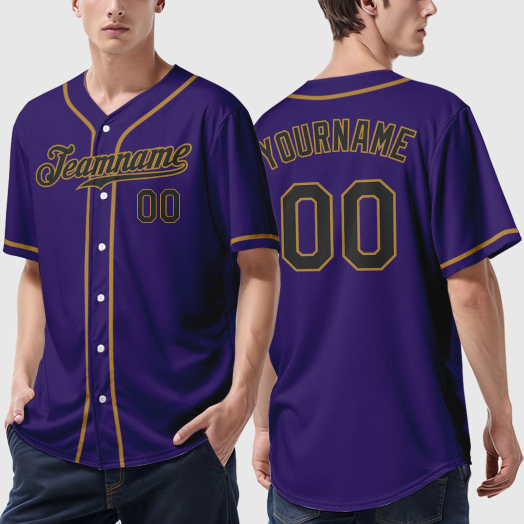 Custom Purple Black Black-Old Gold Sleeve Baseball Jersey