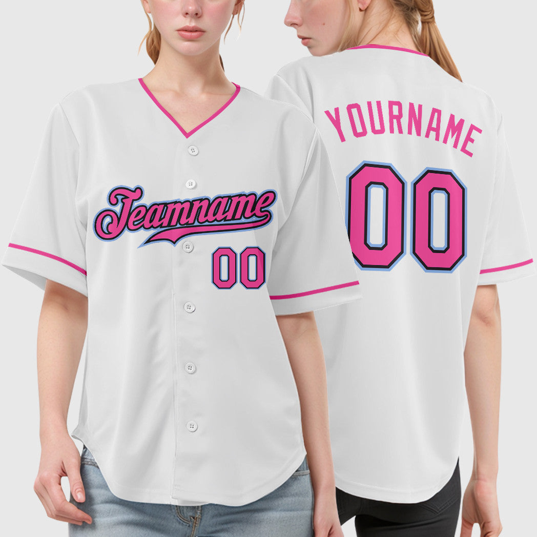 Custom White Black Pink-Light Blue Collar Sleeve Baseball Jersey