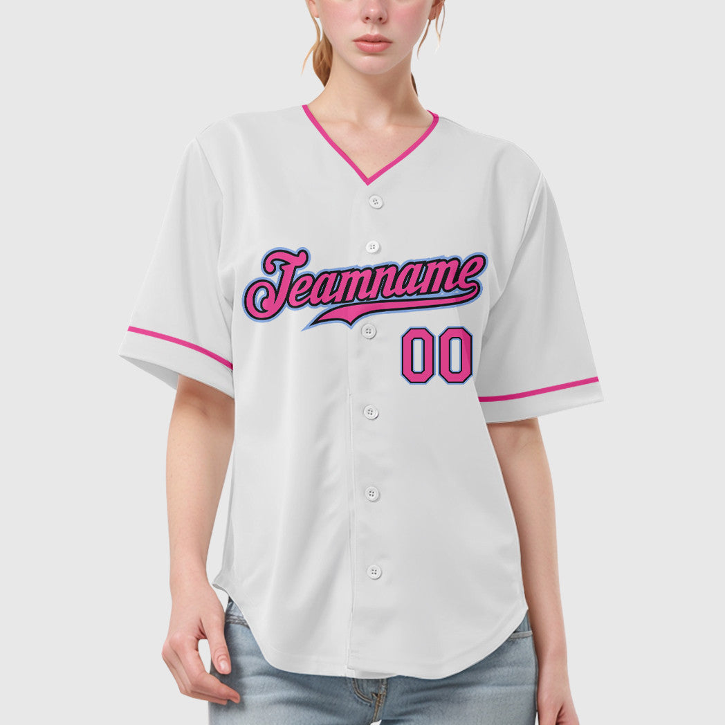 Custom White Black Pink-Light Blue Collar Sleeve Baseball Jersey