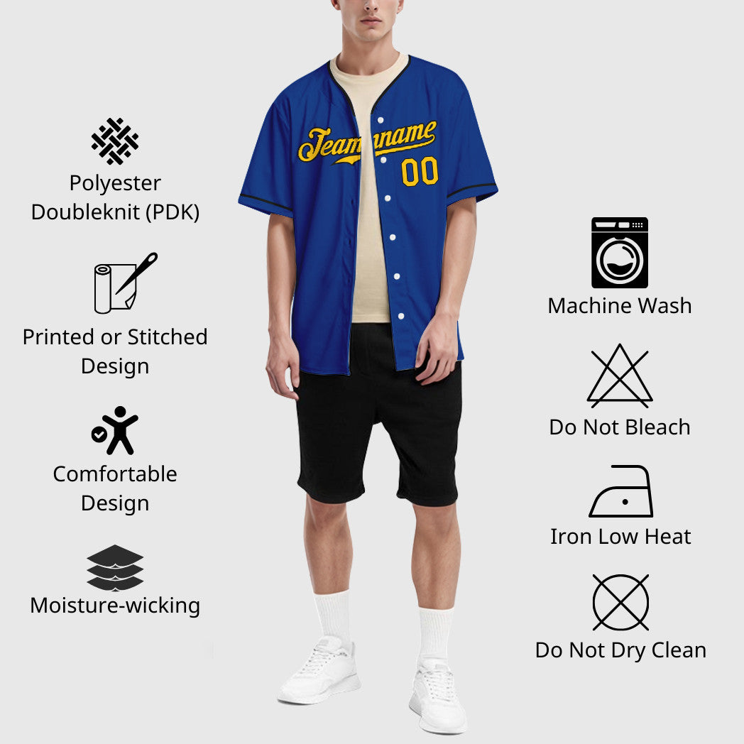 Custom Royal Yellow Black Collar Sleeve Baseball Jersey