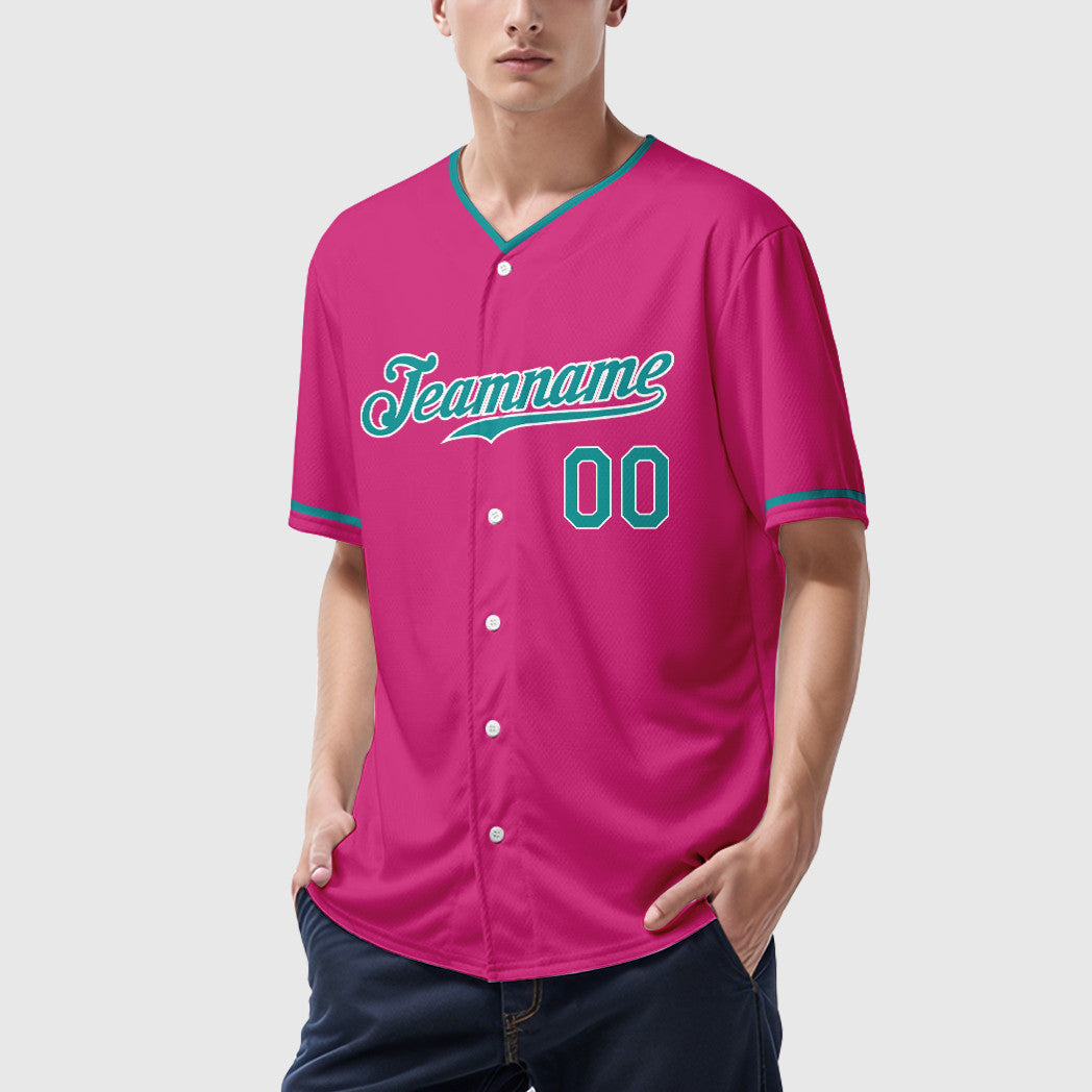 Custom Pink White Teal Collar Sleeve Baseball Jersey