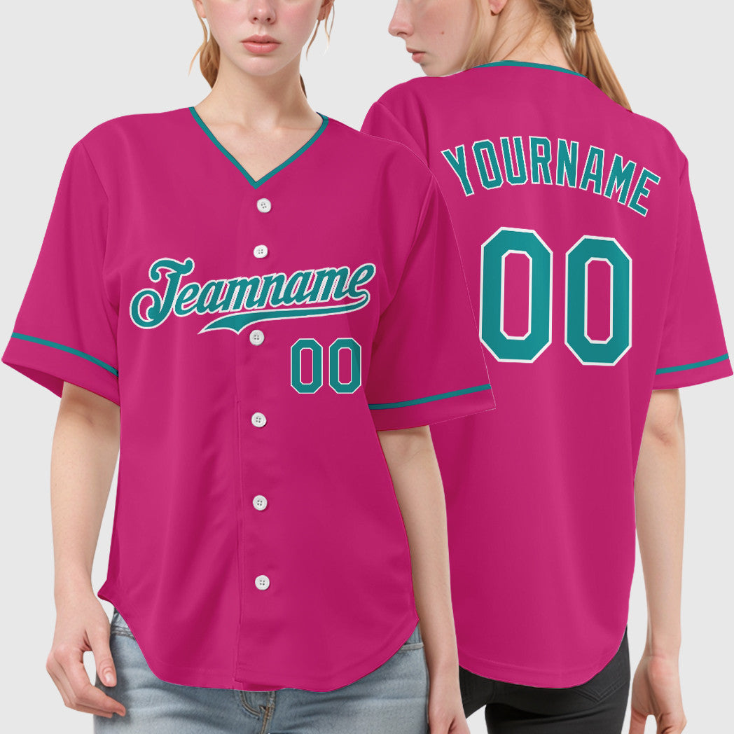 Custom Pink White Teal Collar Sleeve Baseball Jersey
