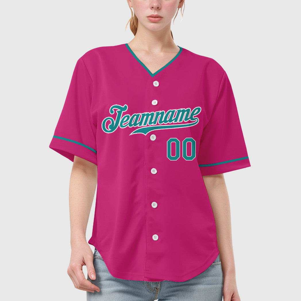 Custom Pink White Teal Collar Sleeve Baseball Jersey