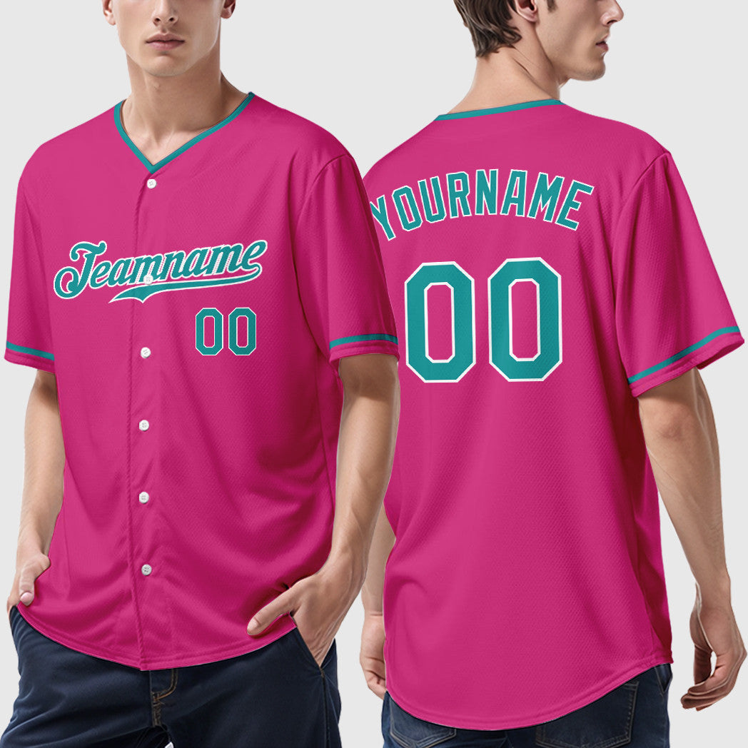 Custom Pink White Teal Collar Sleeve Baseball Jersey