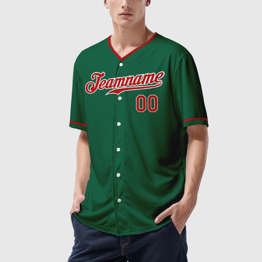 Custom Kelly Green White Red-White Collar Sleeve Baseball Jersey
