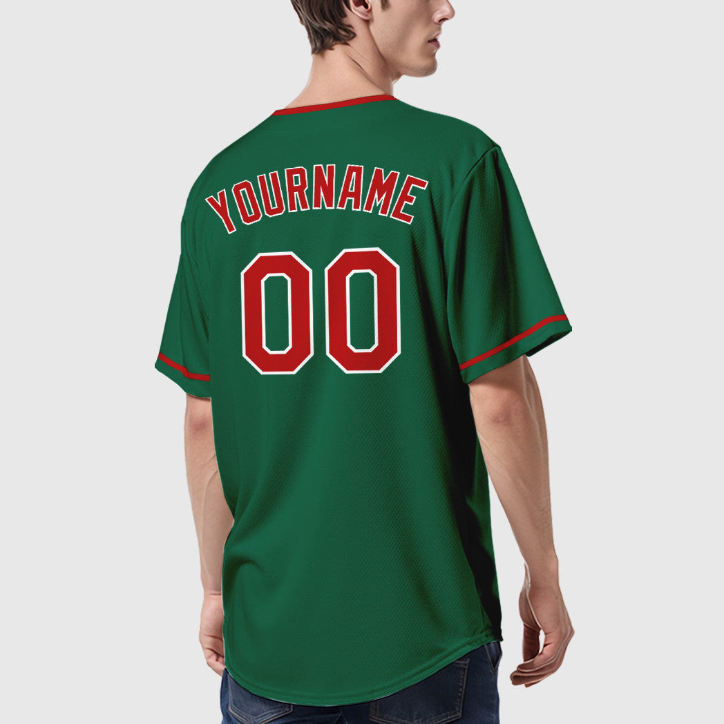 Custom Kelly Green White Red-White Collar Sleeve Baseball Jersey