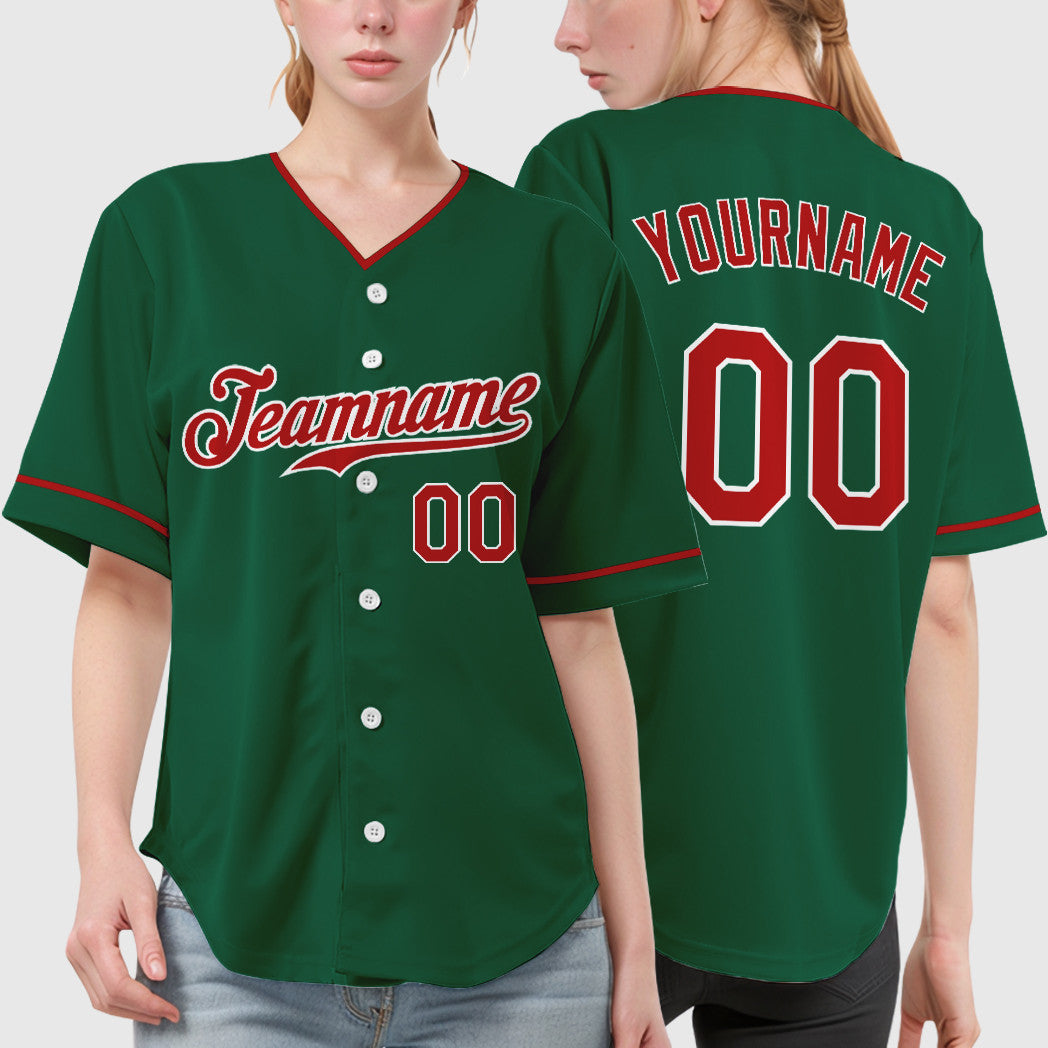 Custom Kelly Green White Red-White Collar Sleeve Baseball Jersey
