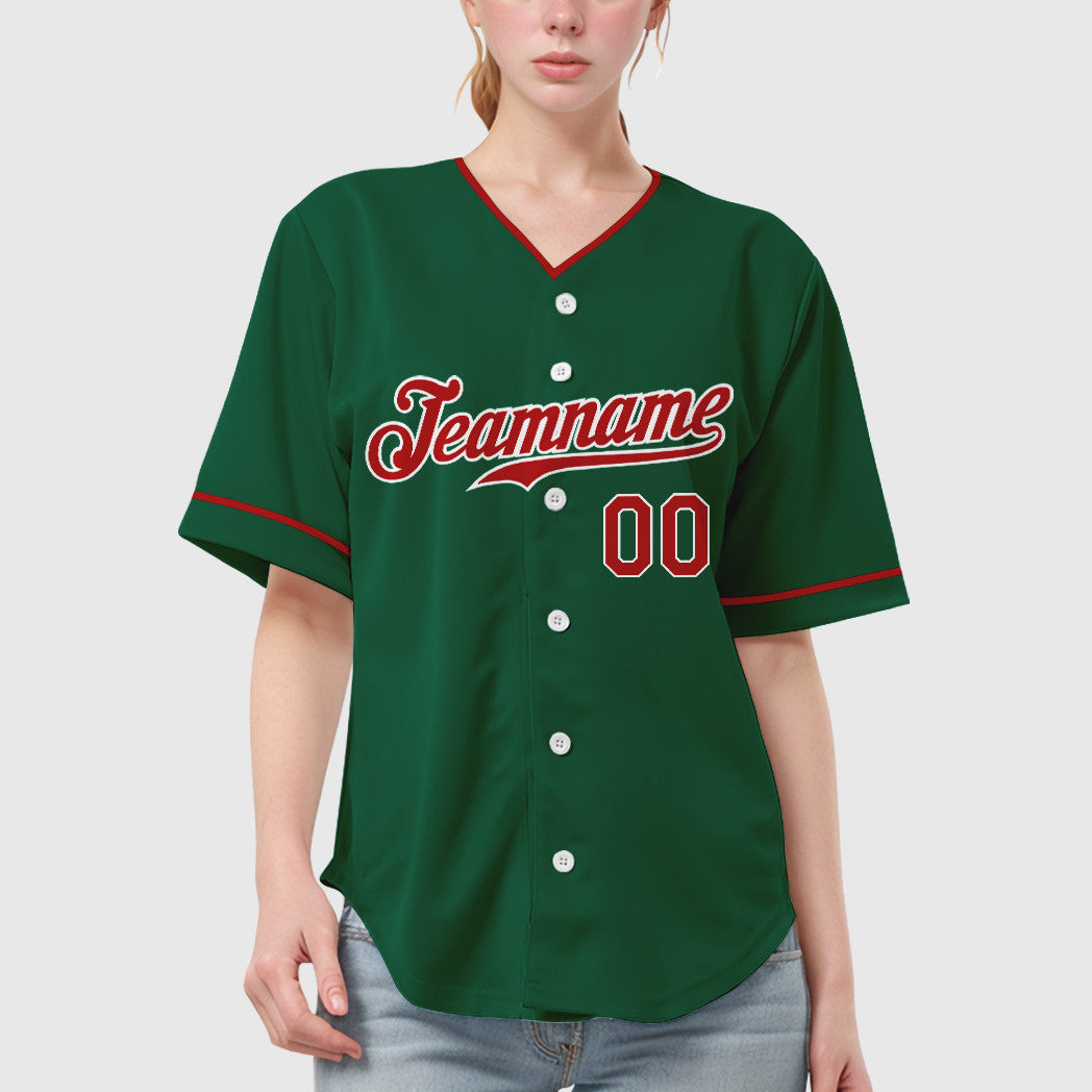 Custom Kelly Green White Red-White Collar Sleeve Baseball Jersey