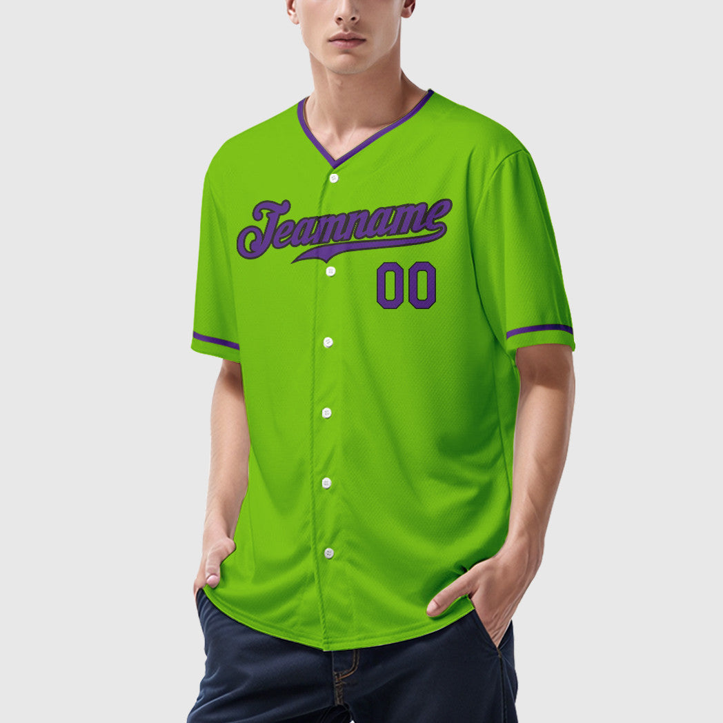 Custom Neon Green Black Purple Collar Sleeve Baseball Jersey