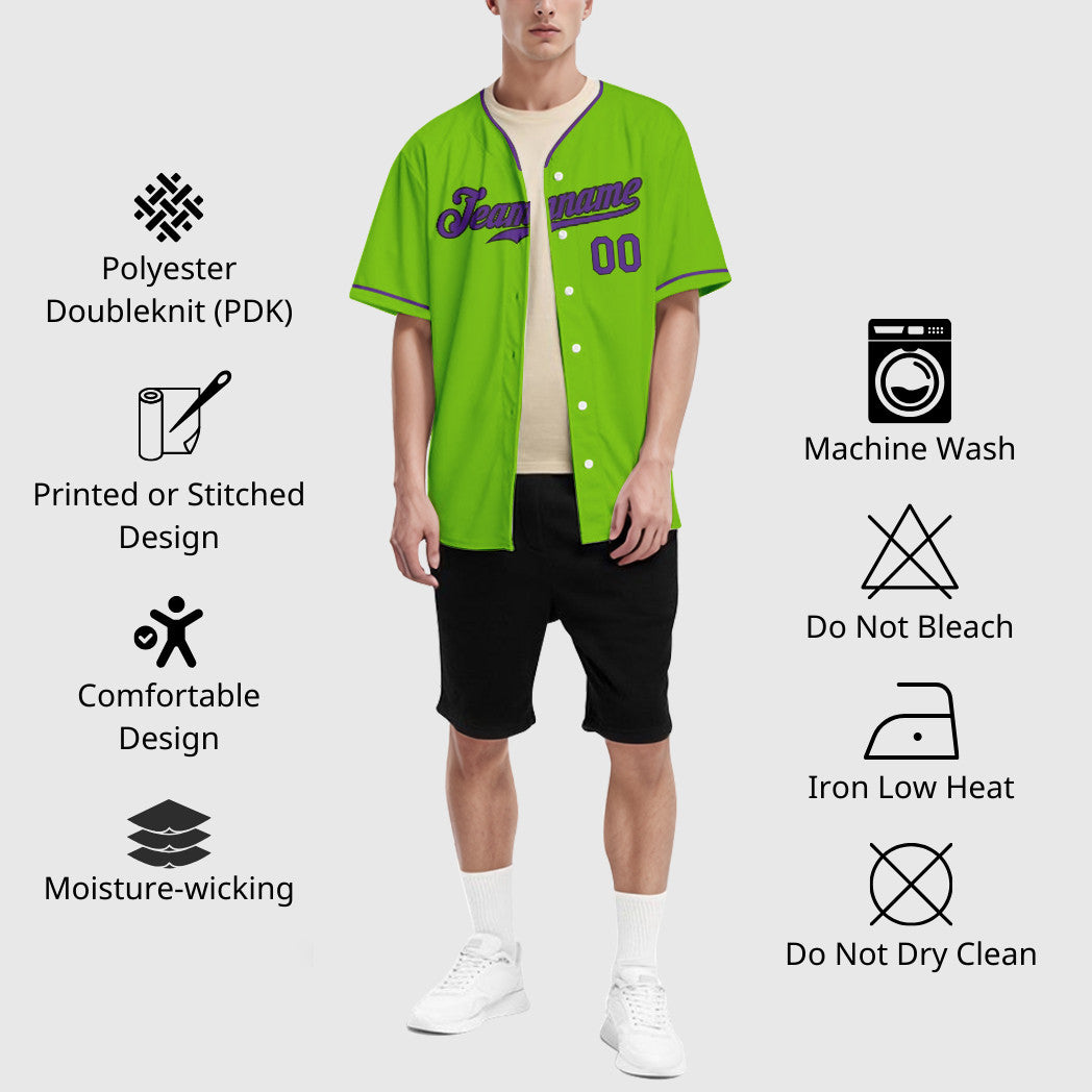 Custom Neon Green Black Purple Collar Sleeve Baseball Jersey