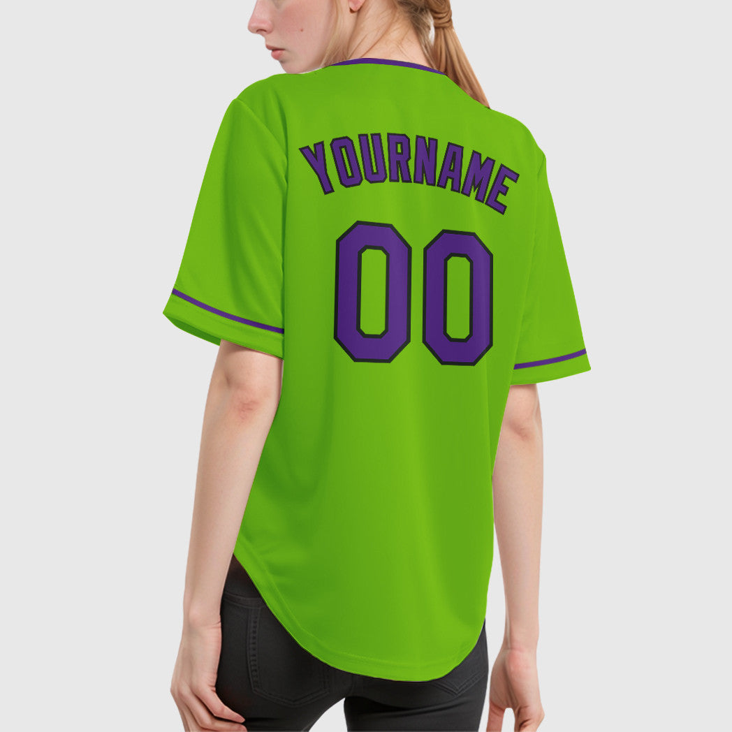 Custom Neon Green Black Purple Collar Sleeve Baseball Jersey