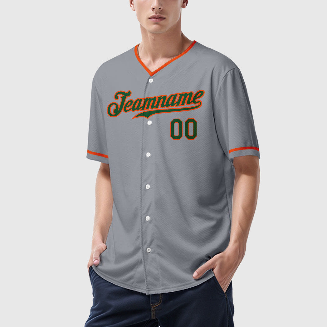 Custom Gray Green Orange Collar Sleeve Baseball Jersey