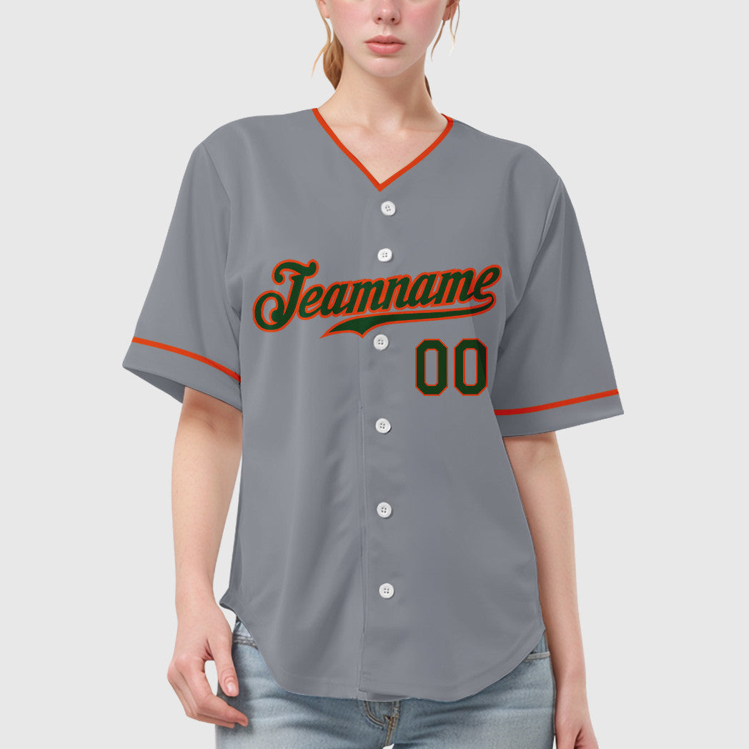 Custom Gray Green Orange Collar Sleeve Baseball Jersey