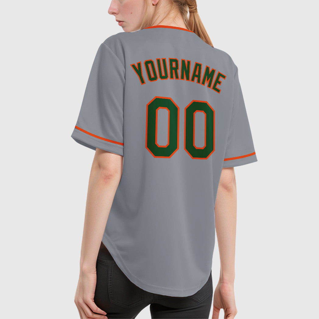 Custom Gray Green Orange Collar Sleeve Baseball Jersey