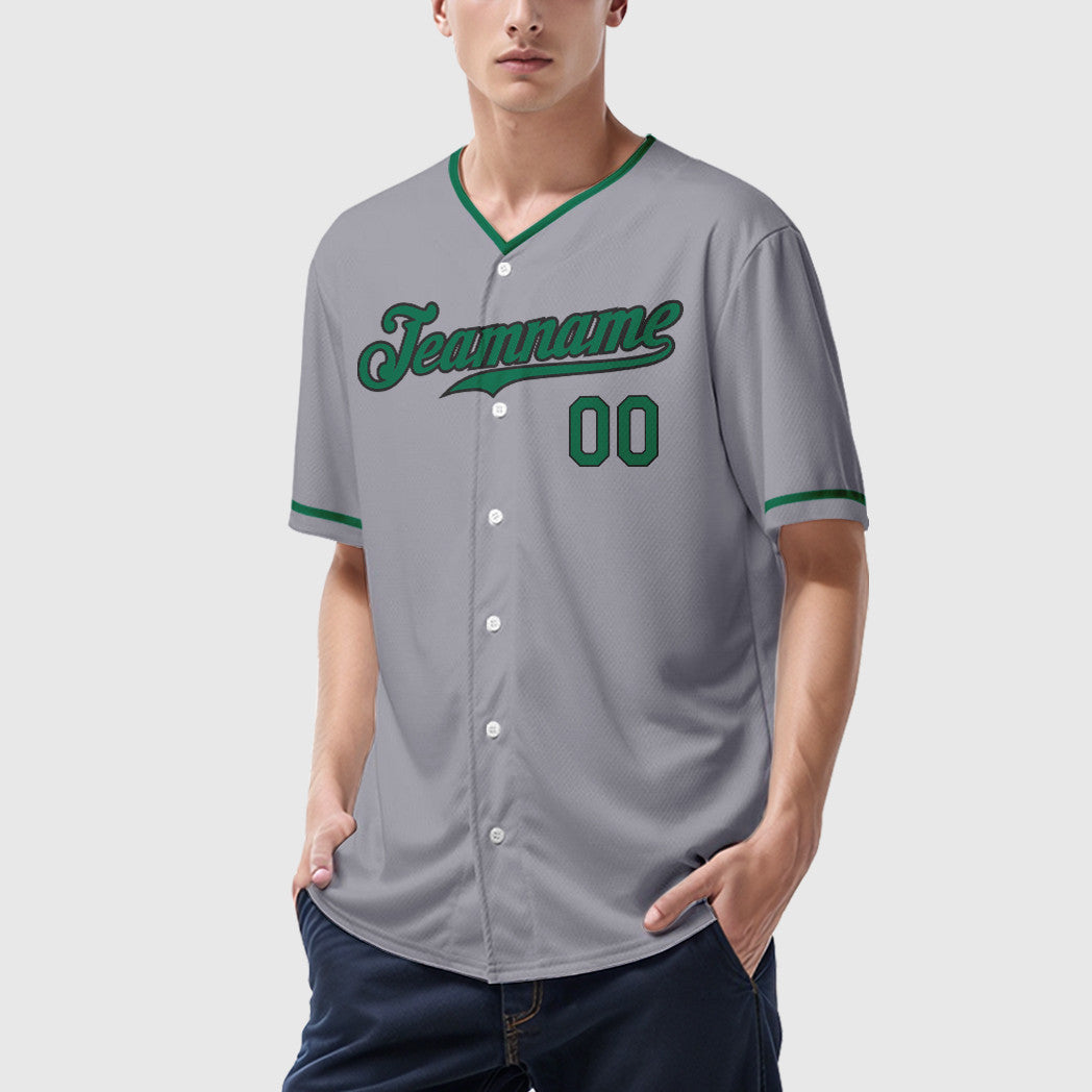 Custom Gray Black Kelly Green Collar Sleeve Baseball Jersey