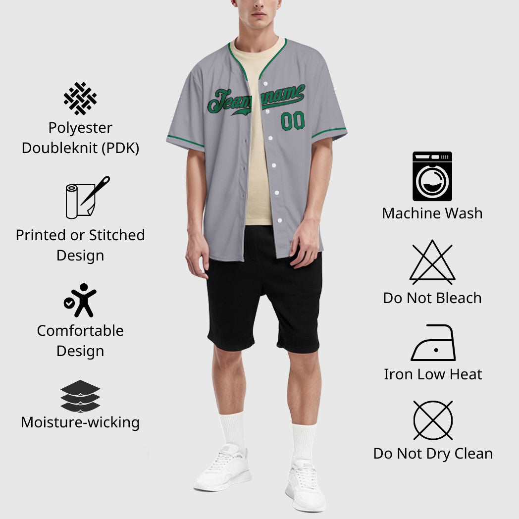Custom Gray Black Kelly Green Collar Sleeve Baseball Jersey
