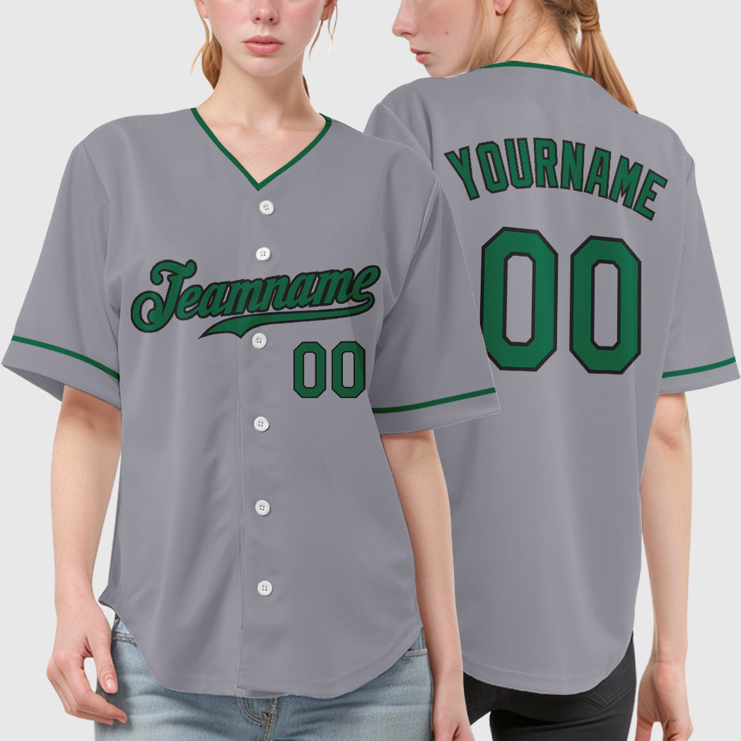 Custom Gray Black Kelly Green Collar Sleeve Baseball Jersey