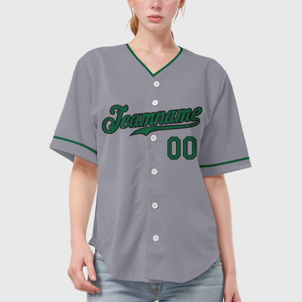 Custom Gray Black Kelly Green Collar Sleeve Baseball Jersey