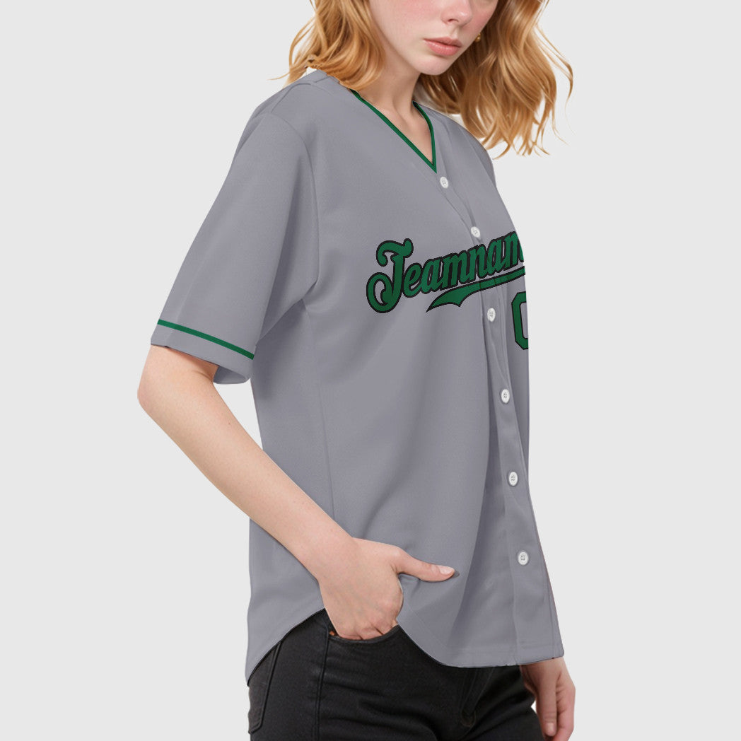 Custom Gray Black Kelly Green Collar Sleeve Baseball Jersey