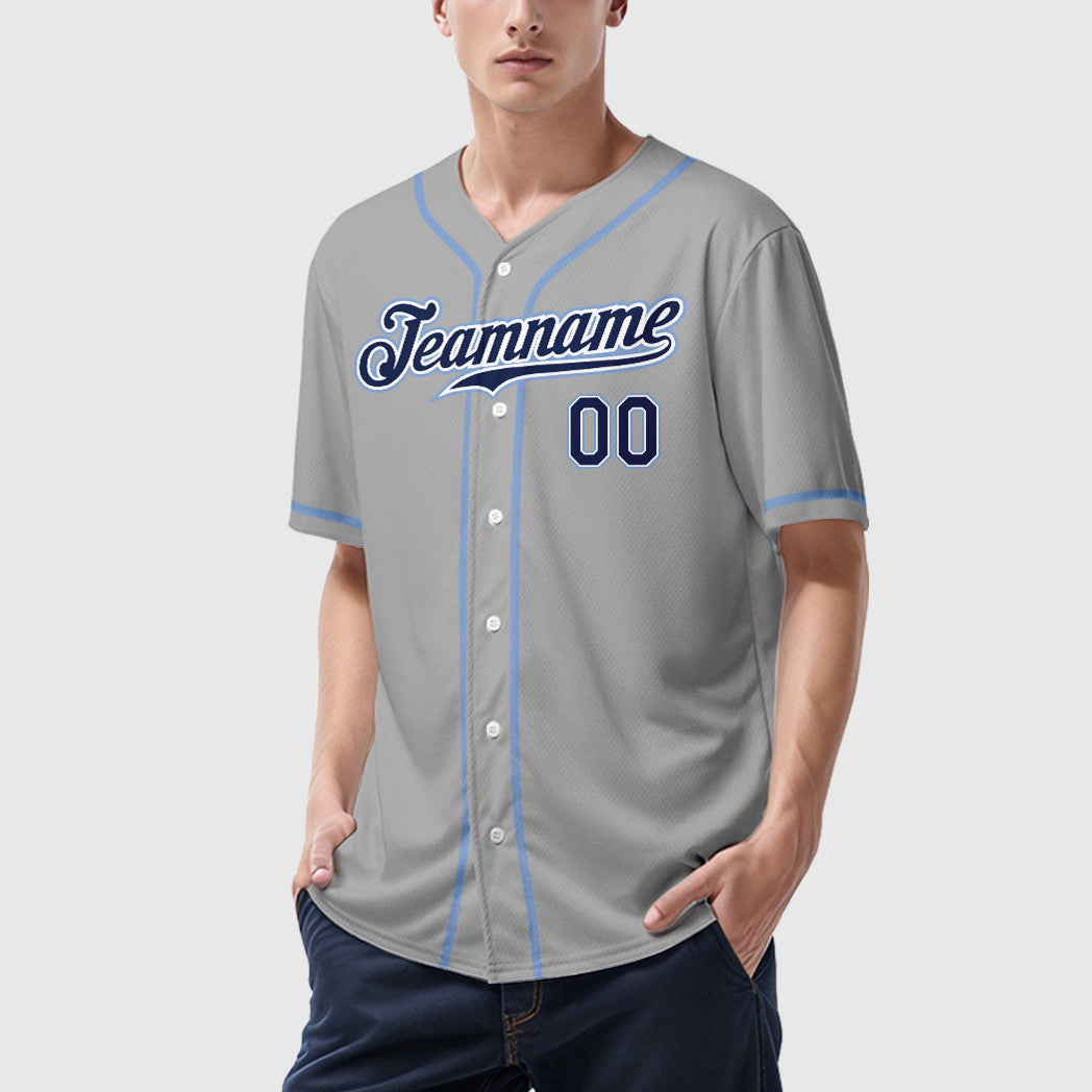 Custom Gray Navy Navy-Light Blue Sleeve Baseball Jersey