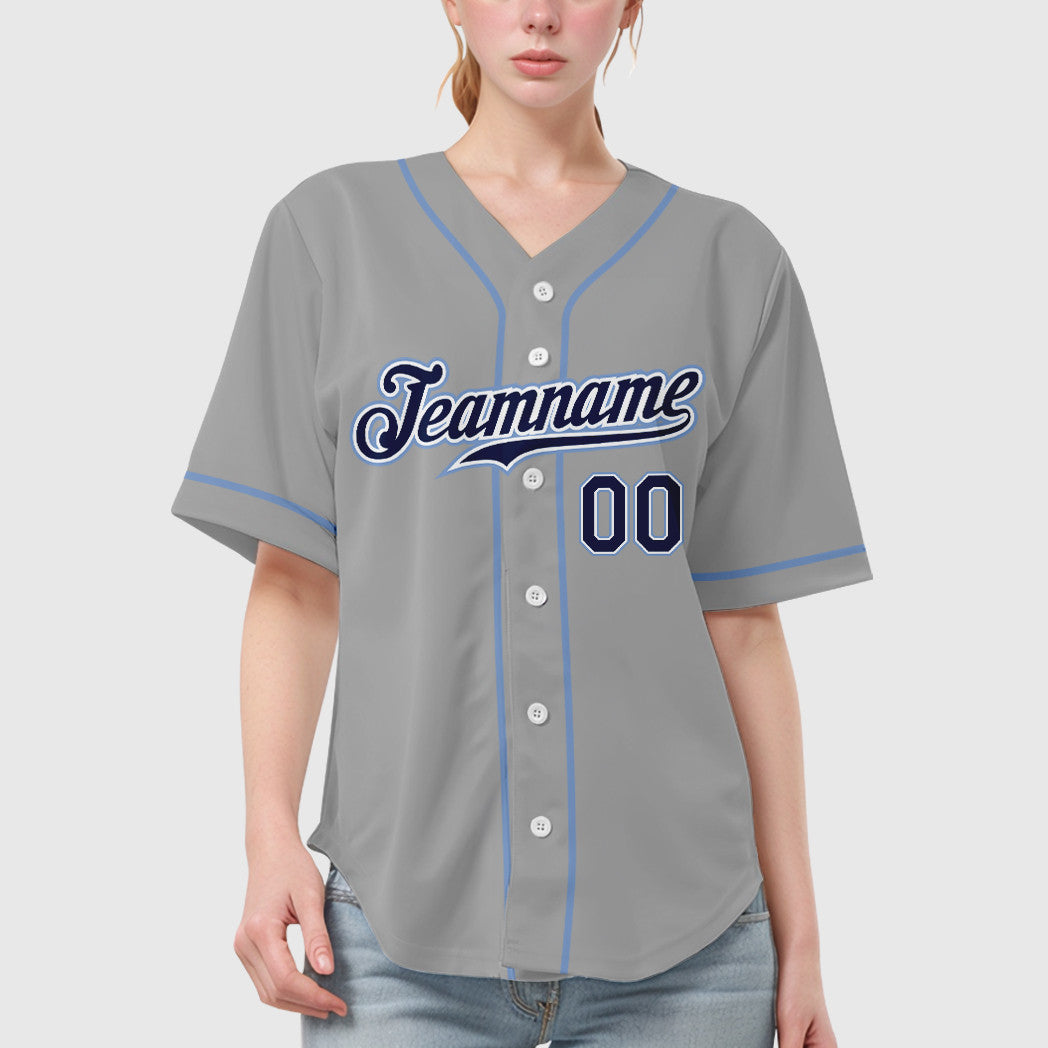 Custom Gray Navy Navy-Light Blue Sleeve Baseball Jersey