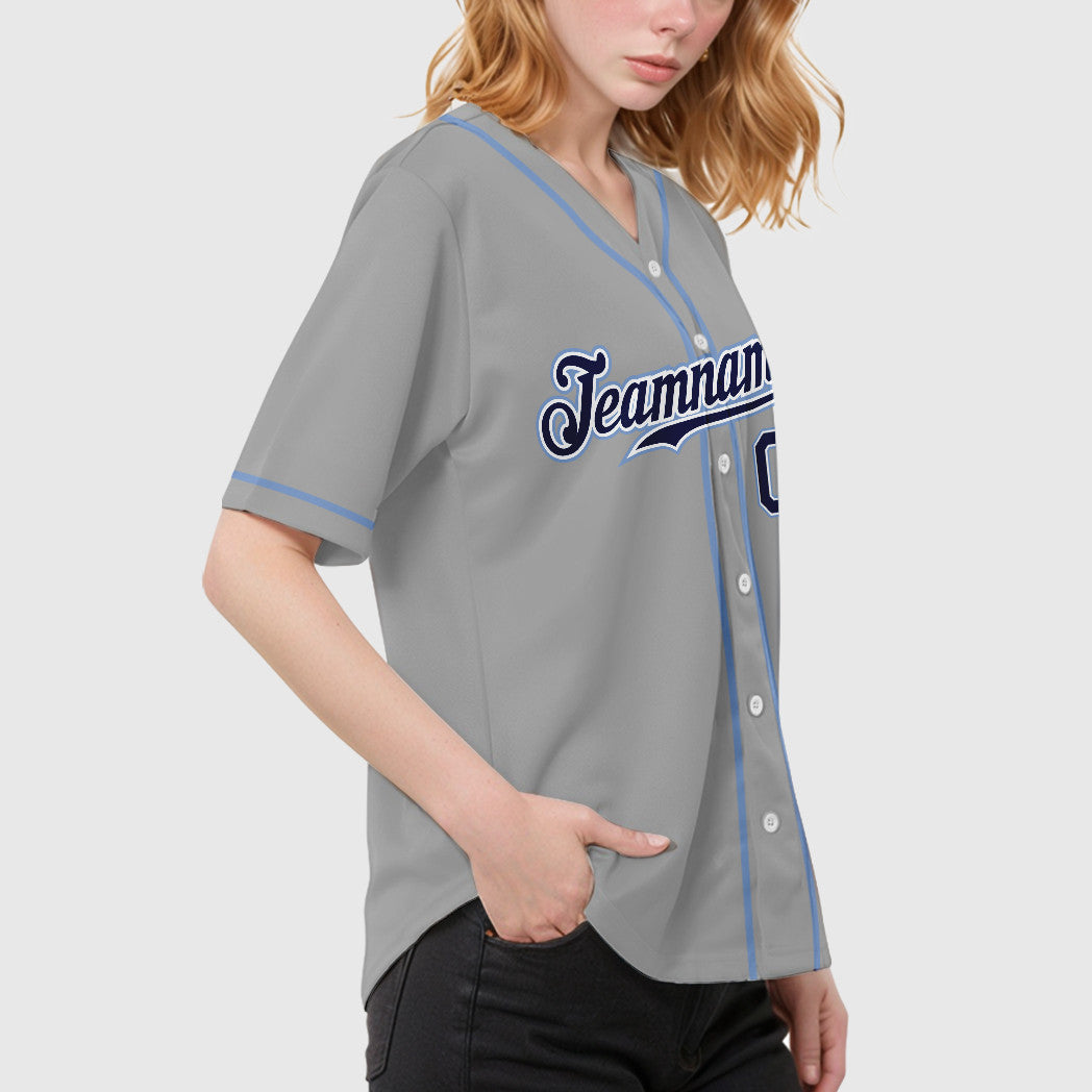 Custom Gray Navy Navy-Light Blue Sleeve Baseball Jersey