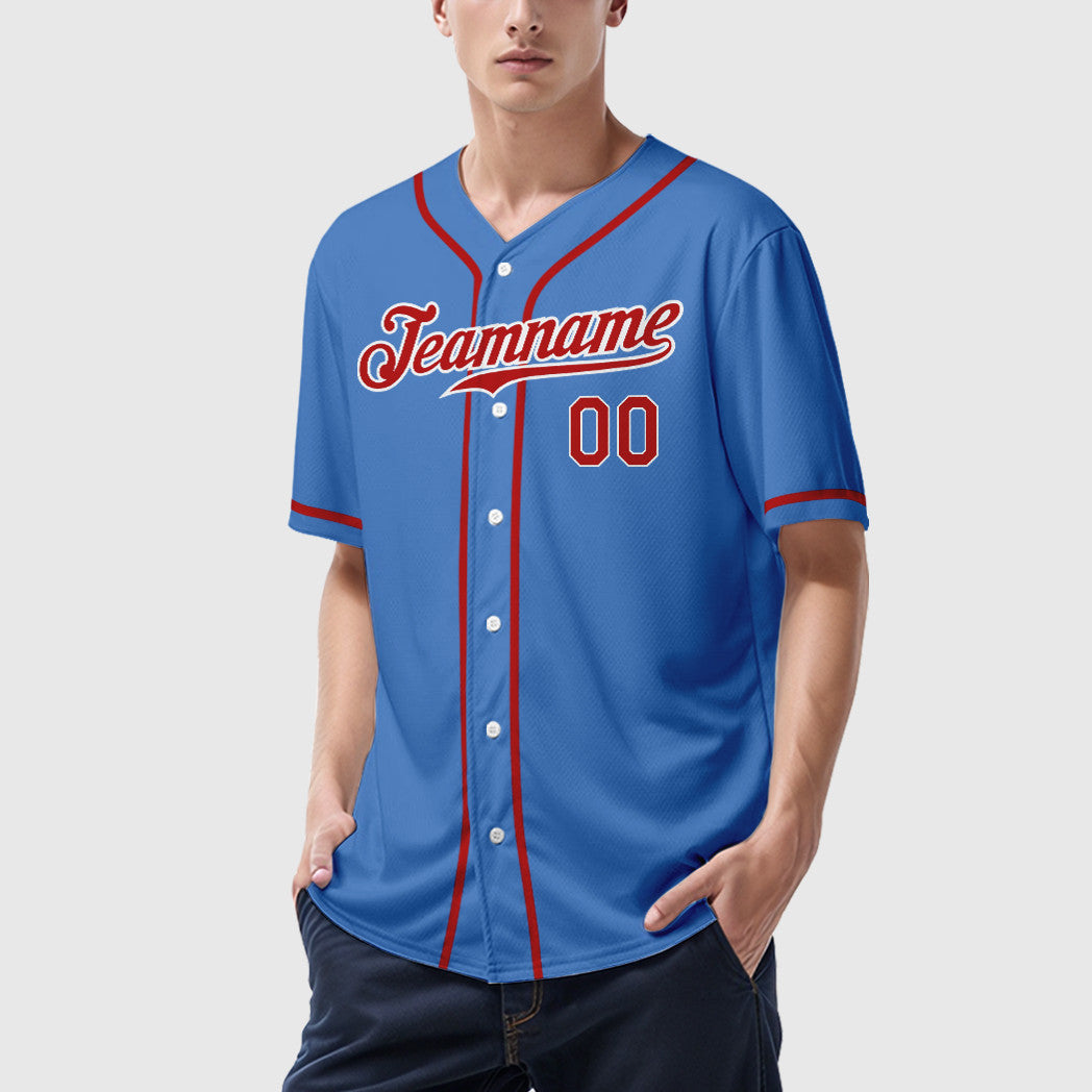 Custom Powder Blue White Red Sleeve Baseball Jersey