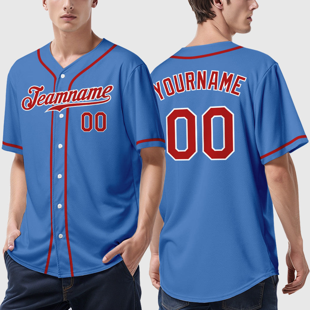 Custom Powder Blue White Red Sleeve Baseball Jersey
