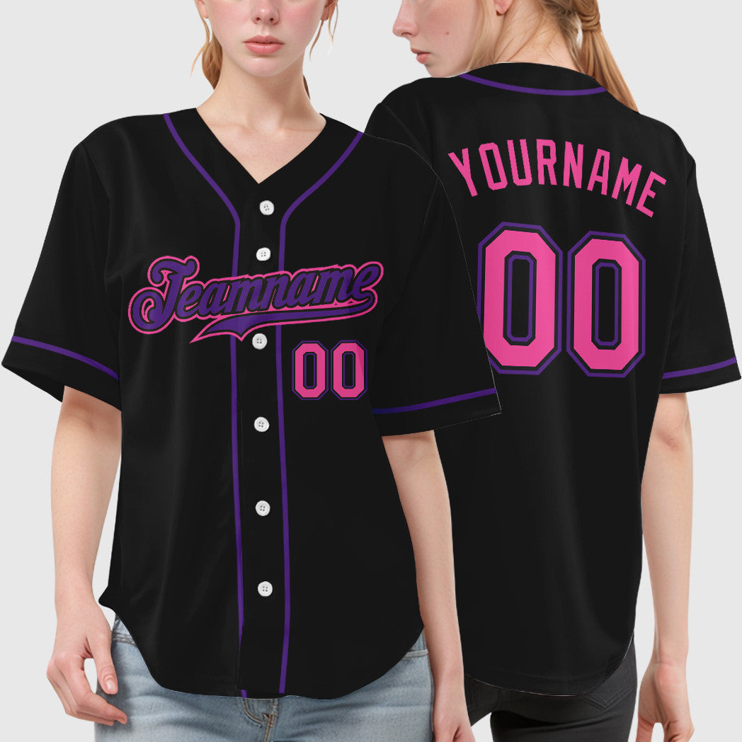Custom Black Pink Pink-Purple Sleeve Baseball Jersey