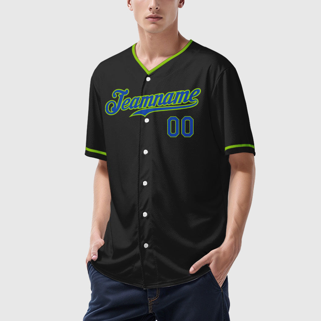 Custom Black Neon Green Thunder Blue Collar Sleeve Baseball Jersey