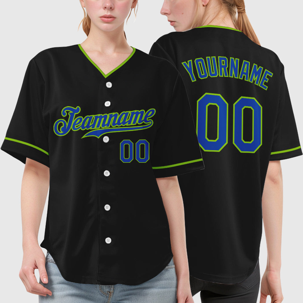 Custom Black Neon Green Thunder Blue Collar Sleeve Baseball Jersey