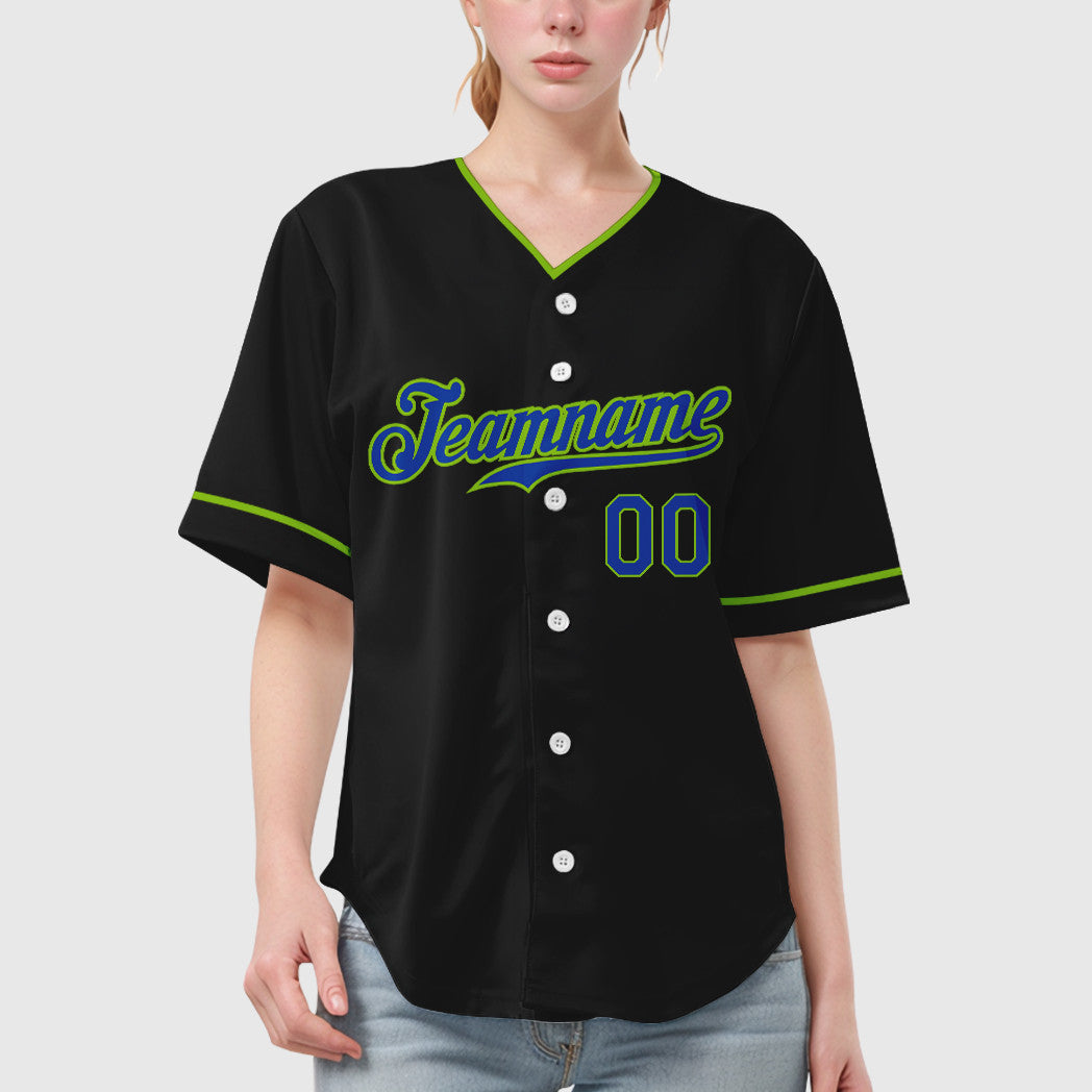 Custom Black Neon Green Thunder Blue Collar Sleeve Baseball Jersey