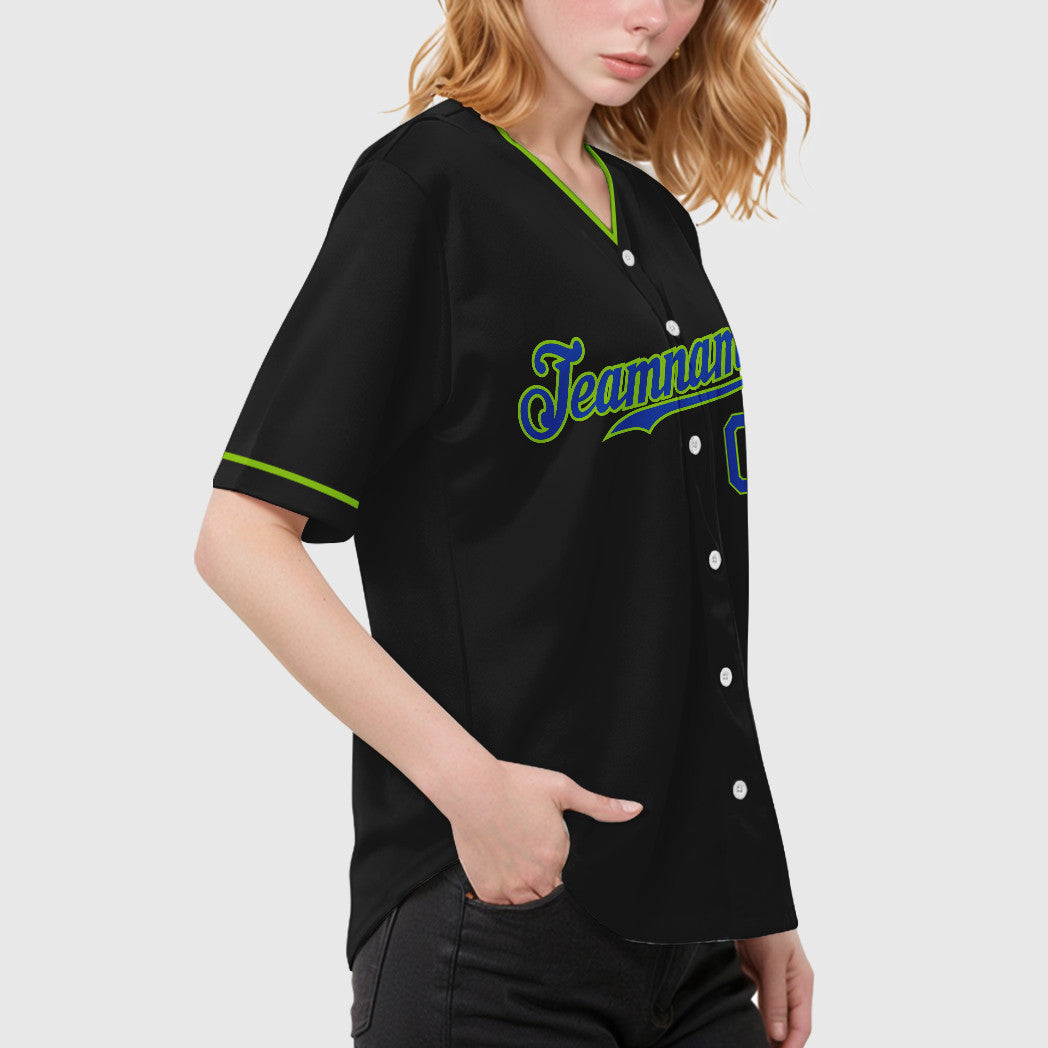 Custom Black Neon Green Thunder Blue Collar Sleeve Baseball Jersey