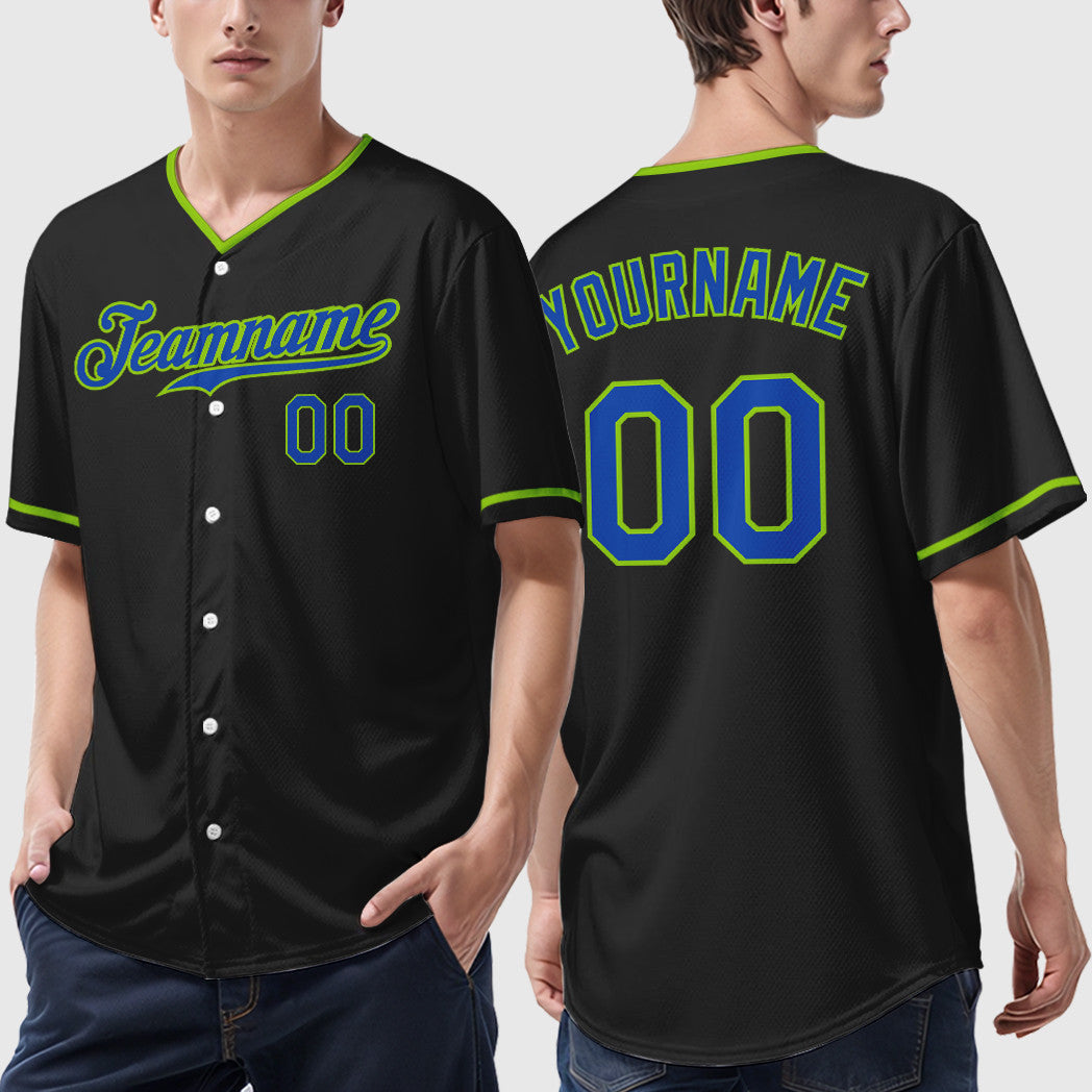 Custom Black Neon Green Thunder Blue Collar Sleeve Baseball Jersey