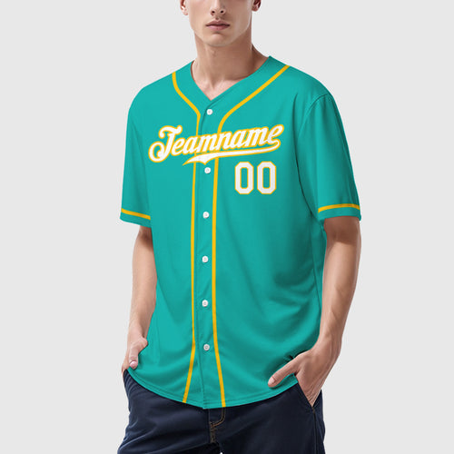 Custom Aqua White White-Yellow Sleeve Baseball Jersey