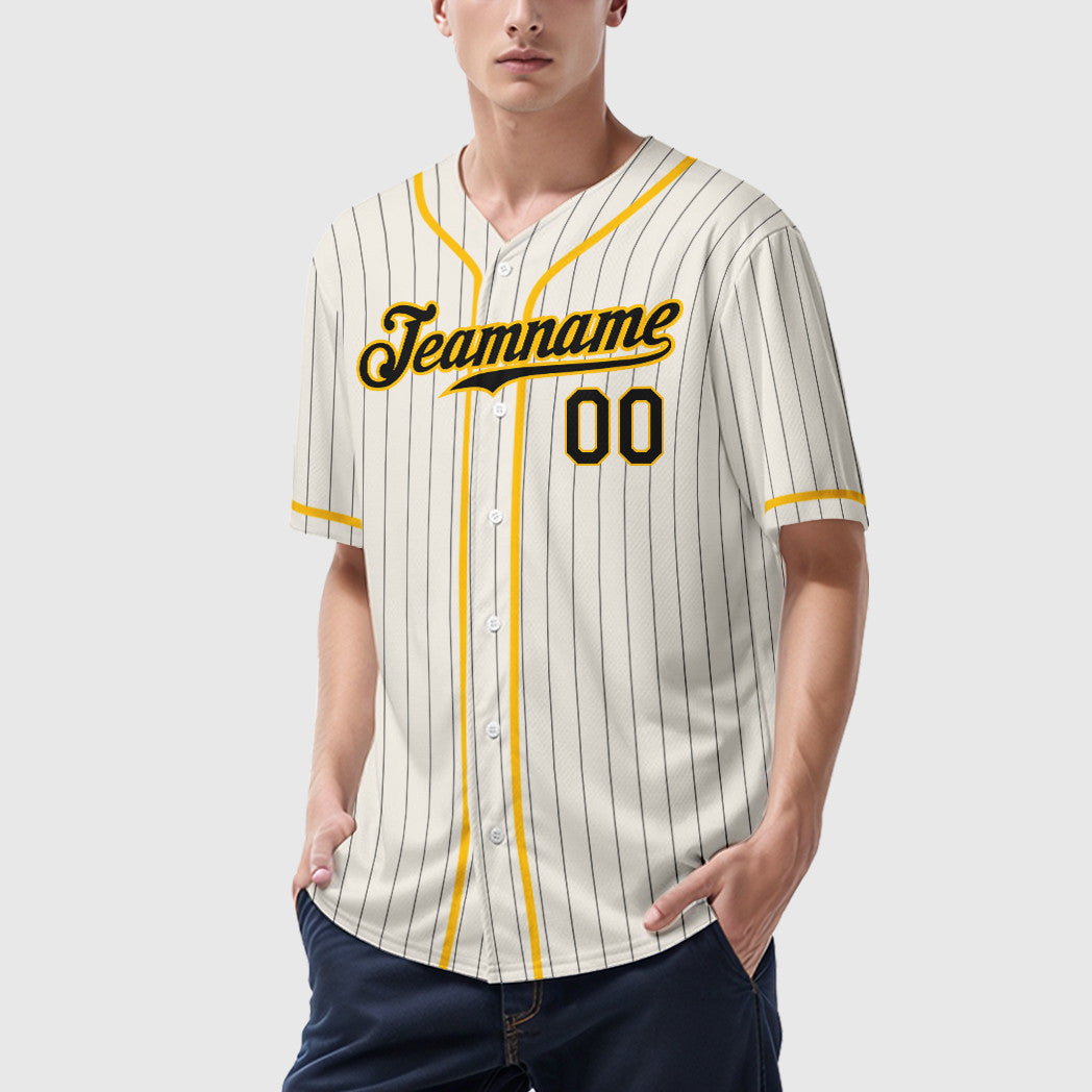 Custom Cream Black Gold Piping Pinstripe Baseball Jersey