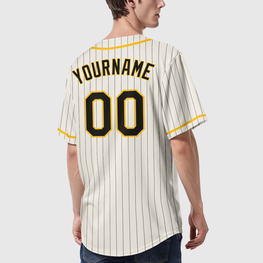 Custom Cream Black Gold Piping Pinstripe Baseball Jersey