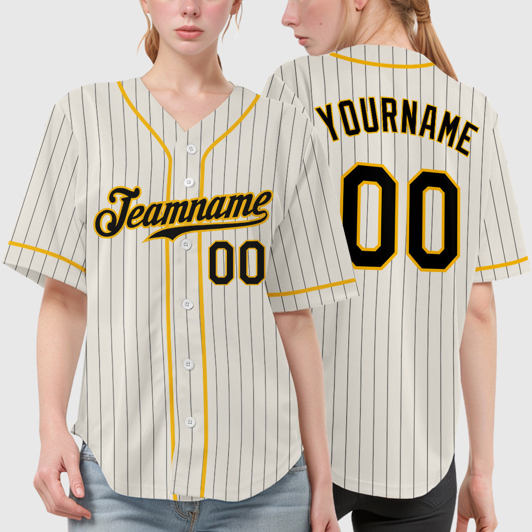 Custom Cream Black Gold Piping Pinstripe Baseball Jersey