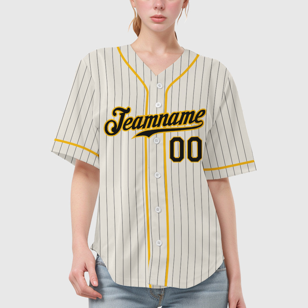 Custom Cream Black Gold Piping Pinstripe Baseball Jersey