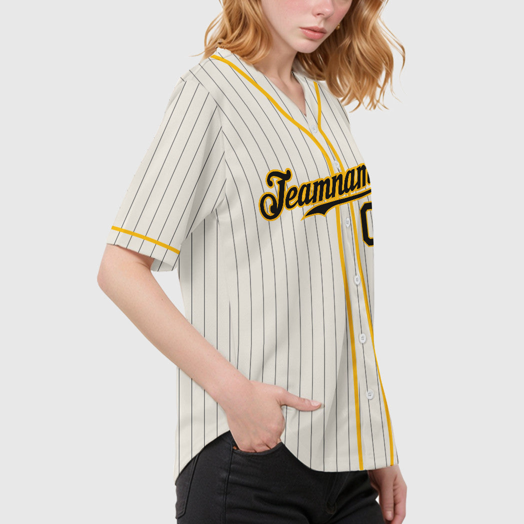 Custom Cream Black Gold Piping Pinstripe Baseball Jersey