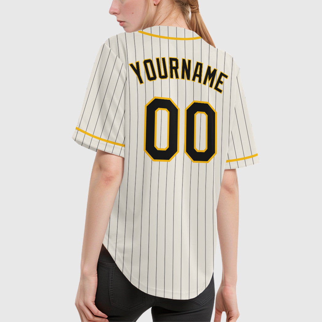Custom Cream Black Gold Piping Pinstripe Baseball Jersey