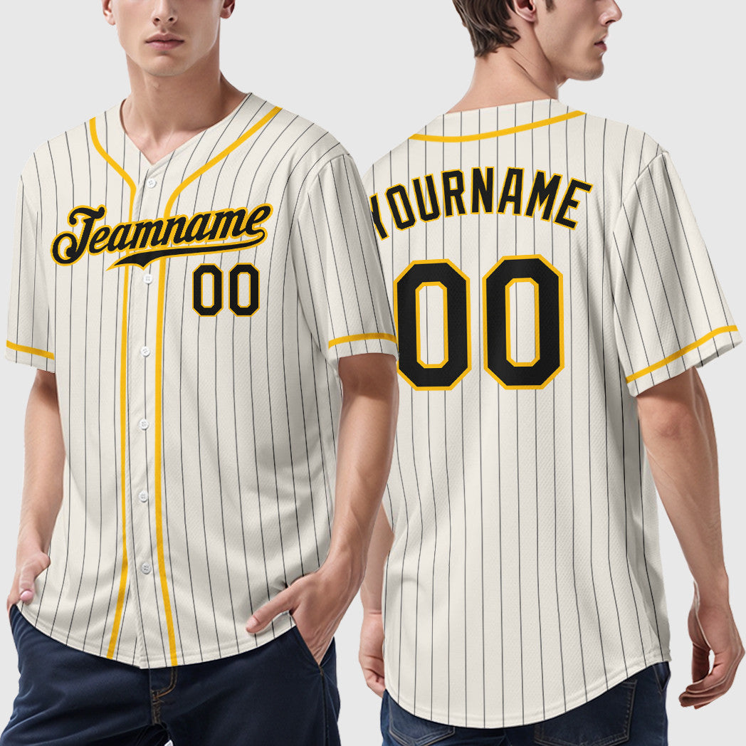 Custom Cream Black Gold Piping Pinstripe Baseball Jersey
