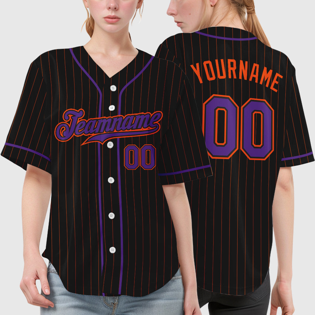 Custom Black Orange Purple Piping Pinstripe Baseball Jersey