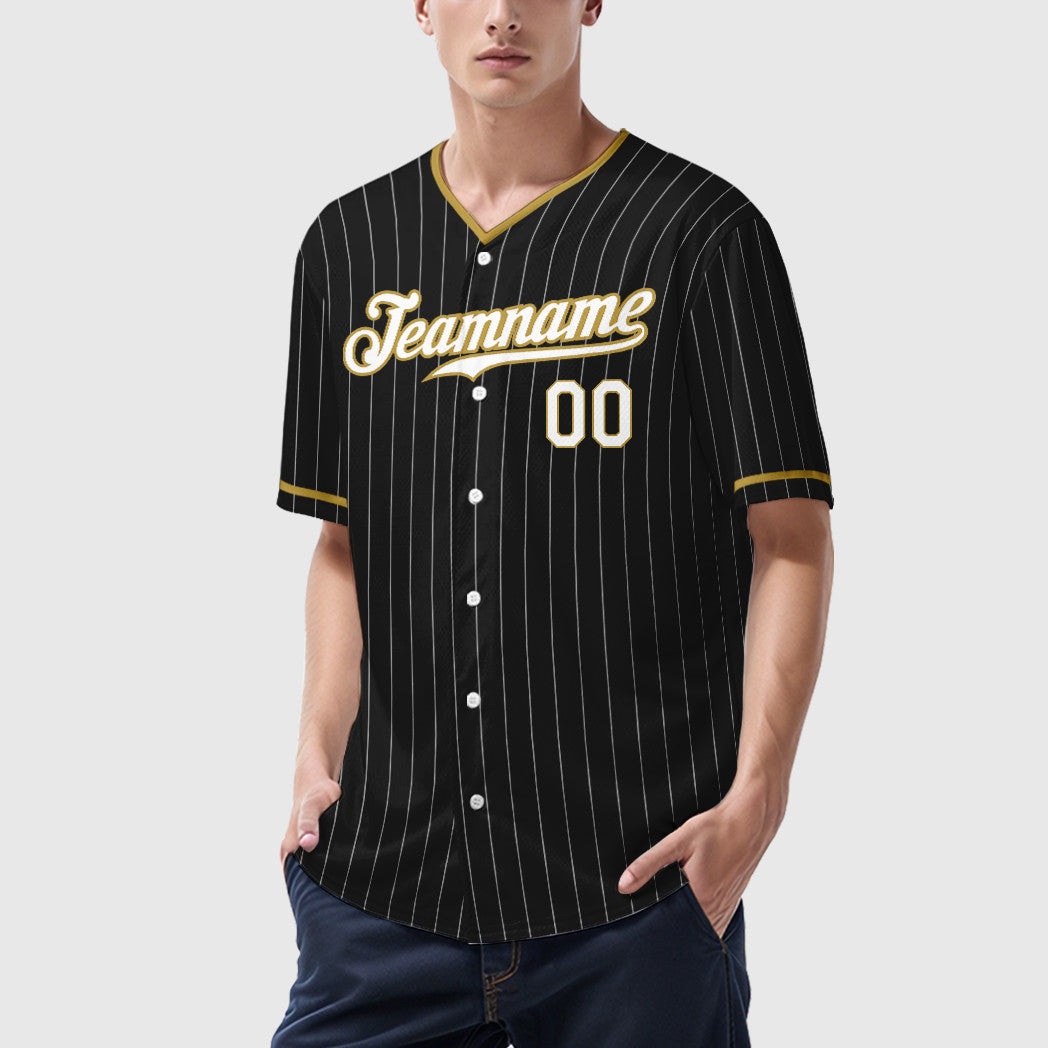 Custom Black White White-Old Gold Pinstripe Baseball Jersey