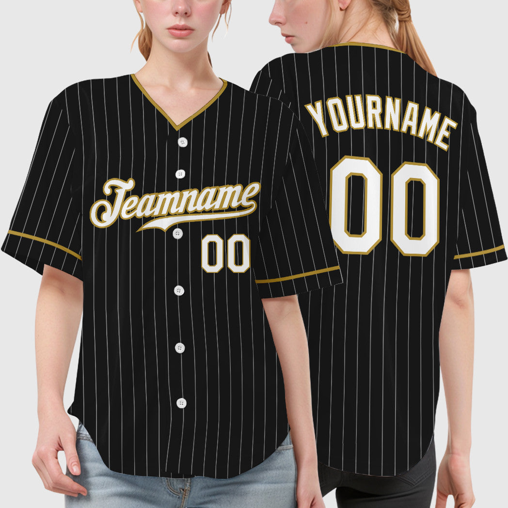 Custom Black White White-Old Gold Pinstripe Baseball Jersey